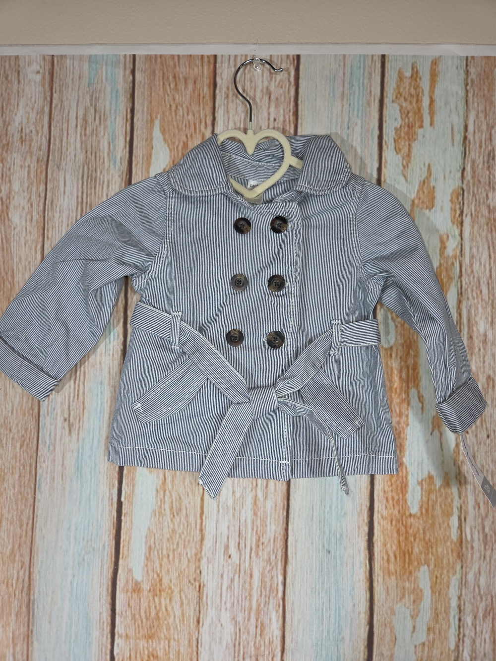 Carter's Blue Pinstripe Girls' Belted Peacoat. 100% Cotton. 12 M